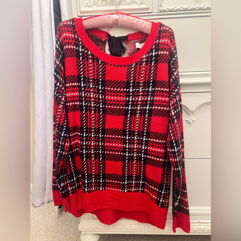 Crown & Ivy Red and Navy Blue Plaid Sweater